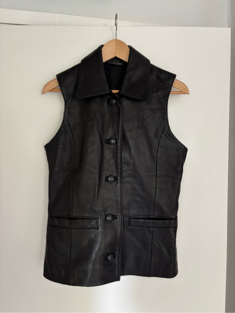 Black Leather Sleeveless Button-Front Vest